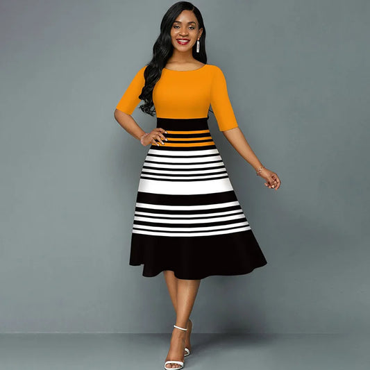 3D Stripe Printing O-Neck Half Sleeve Office Lady Elegant Dress.