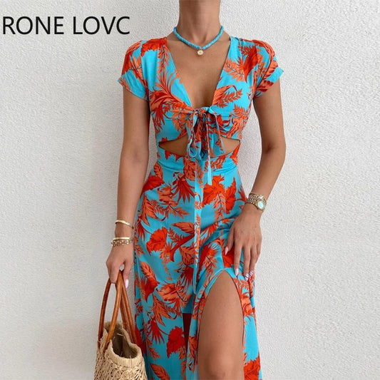 All Over Print Short Sleeves Lace Up Midriff Maxi Dress.